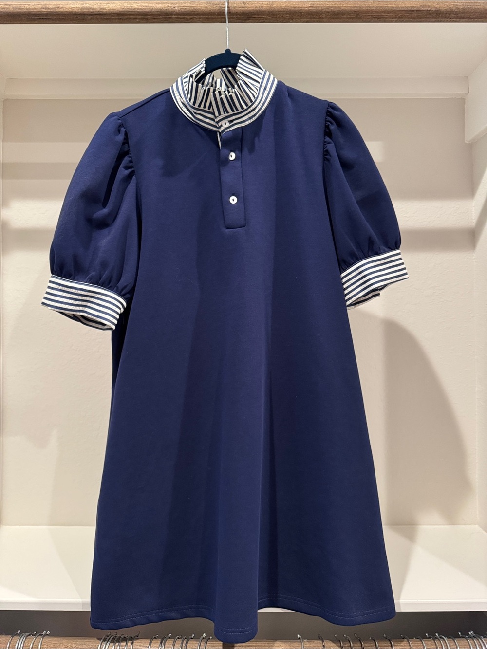entro Navy Dress with Striped Collar and Cuff Accents